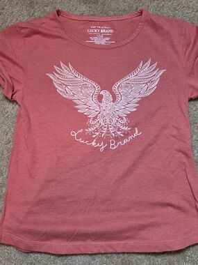 Lucky Brand Coral Pink Tee Vintage Minimalist Casual Chic Summer-Size L